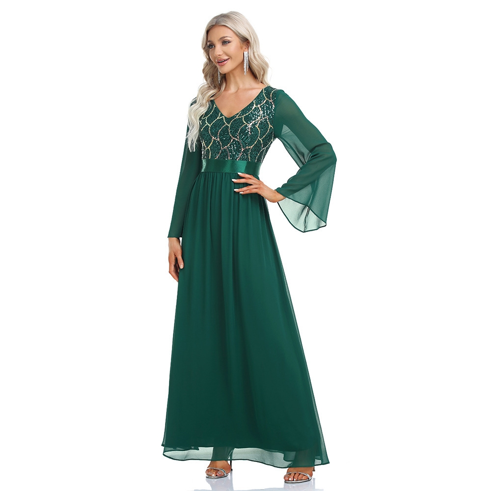 والربيع والخريف منتجات جديدة الشيفون الترتر خياطة فستان طويل الخامس الرقبة  اللباس مأدبة مساء اللباس المرأة size S צֶבַע Dark green