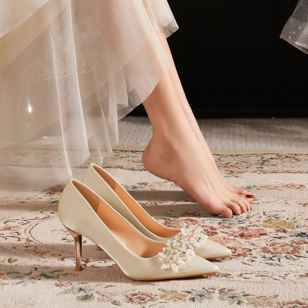French Wedding Shoes Not Tired Feet High-end Wedding Shoes Bridal Shoes  Champagne Satin High Heels Women's Stiletto Wedd size 38 Color Apricot heel  height 6cm