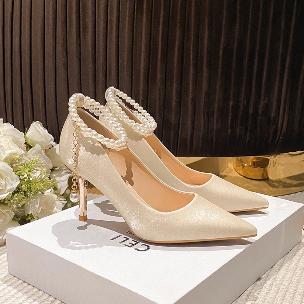 Spring New Pointed Toe High Heels Female Stiletto Satin Fairy Style French Bridesmaid Shoes Banquet Single Shoes Female size 38 Color Apricot heel height 6cm