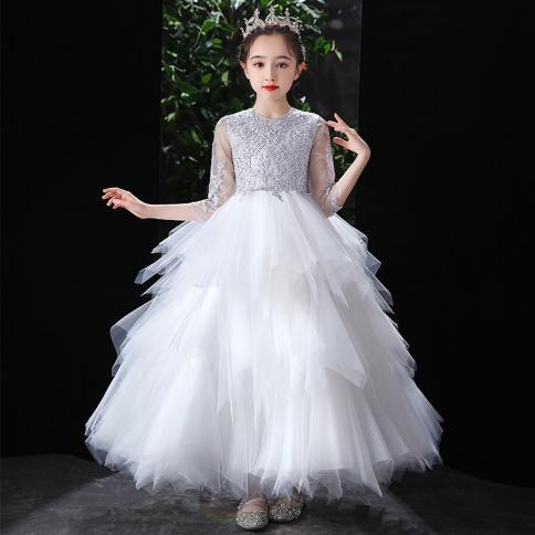 Girls Dress Princess Dress Sweet Romantic Fluffy Yarn Children Style Flower  Girl Wedding Catwalk Host Dress appropriate height 110cm Color White