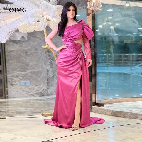 Oimg Hot Pink Satin Side Slit Evening Dresses One Sleeve Beads Dubai Arabic  Formal Party Prom Gowns Dress Long Abendklei Color Purple US Size 12
