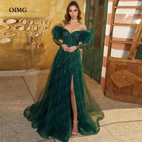 Oimg Green Long A Line Feather Formal Event Party Dresses Tulle Side Slit Shiny Sequins Evening Gowns Night Club Dress V Color Red US Size 22W