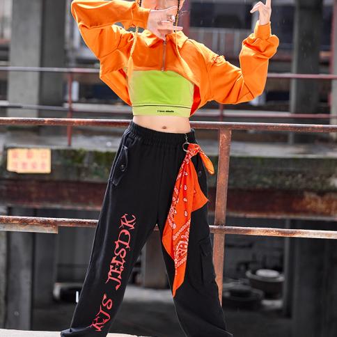 Girls Jazz Dance Clothes Kids Streetwear Orange Hiphop Suit Long Sleeves  Tops Loose Pants Modern Dance Performance Wear size 160cm Color 3pcs
