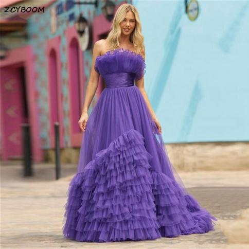 Elegant Purple Strapless A Line Sleeveless Prom Gowns 2023 Tulle Tiered  Backless Party Evening Dresses For Women Robes D Color champagne US Size 20W