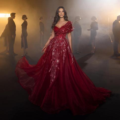 Elegant Burgundy One Shoulder Prom Party Dresses Arabic Dubai