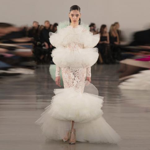 2023 Couture Fluffy Tulle Lace Evening Gown Party Dress Illusion
