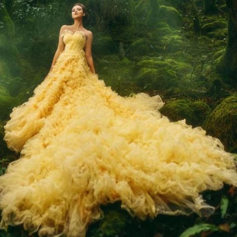 Amazing Yellow Tulle Prom Party Dresses Extra Long Train Ruffled Tulle Wedding Gowns Formal Dress For Photo Shoot Ball G size 46 Color White Amazing Yellow Tulle Prom Party Dresses Extra Long Train Ruffled Tulle Wedding Gowns Formal Dress For Photo Shoot Ball G size 46 Color White