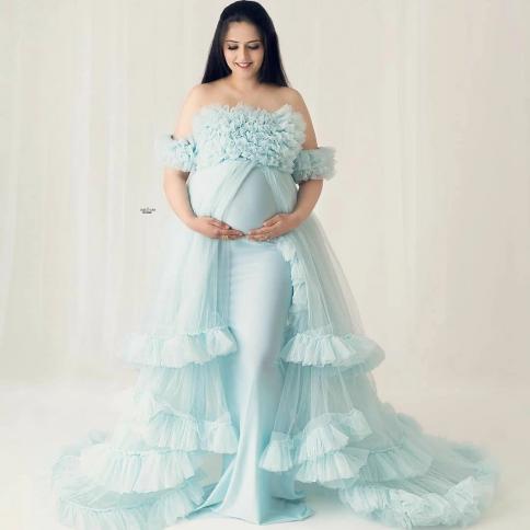 Elegant Mermaid Maternity Dresses For Photo Shoot Ruffled Tulle Off  Shoulder Stretchy Maternity Gowns Baby Shower Dress size 46 Color Burgundy
