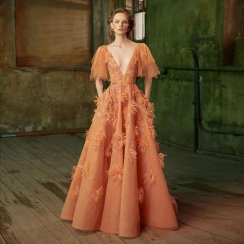 Elegant Burn Orange Formal Occasion Dresses 2023 Couture Feathers Beaded  Organza Prom Gown Long Dubai Arabic Evening Par size 46 Color Black