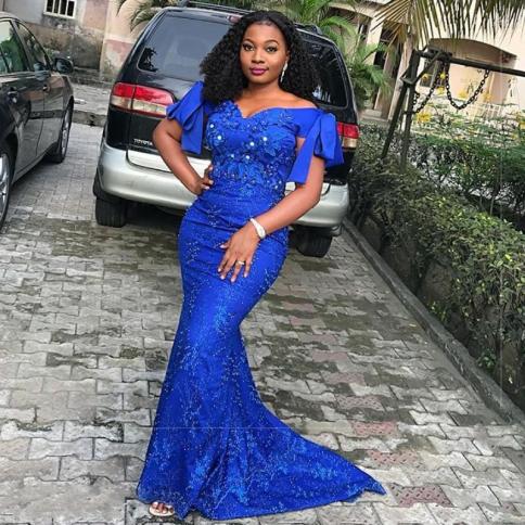 Elegant Royal Blue Long Prom Gowns Dress Mermaid African Nigeria Women  Party Dresses Off Shoulder Evening Gowns Robe De size 36 Color Gold