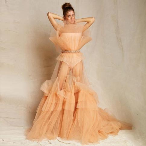 Illusion Peach Tulle Women Dress See Through Ruffles Pleated Prom