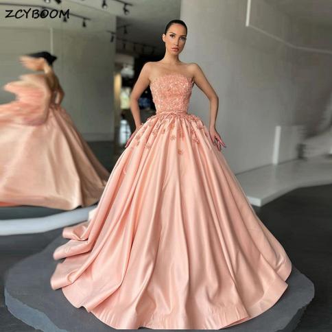 Elegant Blush Pink Strapless Ball Gown Formal Evening Dresses 2023