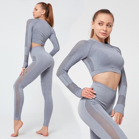 Women Sportswear Yoga Set Workout Clothes Athletic Wear Sports Gym Leggings  Seamless Fitness Crop Top Long Sleeve Yoga size L Color Shirts Pants Gray