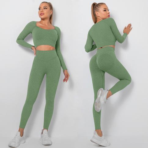 New Seamless Yoga Set Woman Gym Clothes Workout Sportswear Long Sleeve Crop  Top High Waist Leggings Gym Wear Athletic Sp size M Color Dark Brown set