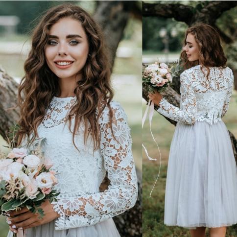 Women Two Pieces Bridal Engagement Prom Dresses Lace Crop Top And Light Grey Fay Tulle Skirt Full Sleeve Wedding Prom Pa US Size 12 Color As Picture Women Two Pieces Bridal Engagement Prom Dresses Lace Crop Top And Light Grey Fay Tulle Skirt Full Sleeve Wedding Prom Pa US Size 12 Color As Picture