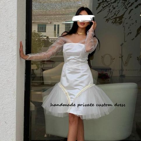 White Mermaid Dubai Wedding Party Dresses Long Sleeve Draped Tulle Satin  Mini Cocktail Prom Dress Arabic Celebrate Party Color White US Size 14W