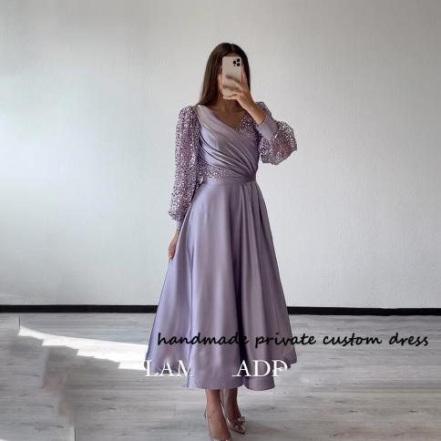 Lavender A Line Saudi Arabic Evening Dresses Sequins Long Sleeve Pleats Satin Wedding Party Dress Tea Length Formal Prom US Size 2 Color Picture Color