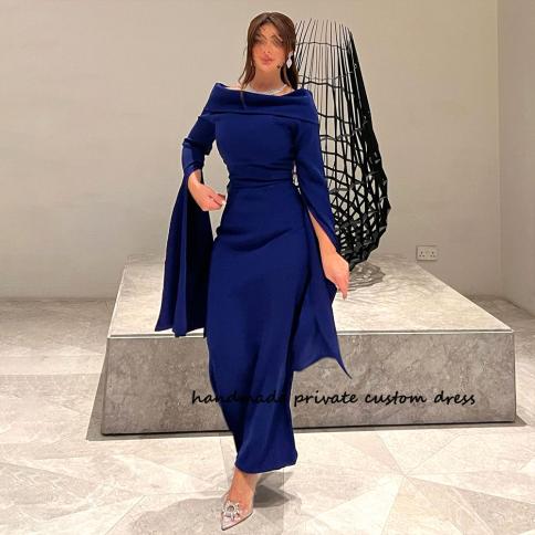 Navy Blue Mermaid Evening Dresses Long Sleeve Boat Neck Saudi