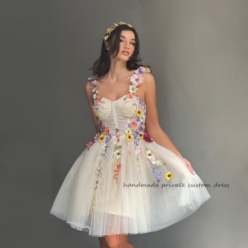 Flower Embroidery Mini Fairy Prom Party Dresses Draped Tulle