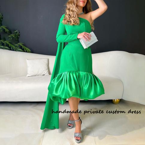 Green Satin One Sleeve Mermaid Evening Dresses With Cape Elegant Saudi  Arabic Prom Party Dress Dubai Formal Gowns Tea Le-Dresses