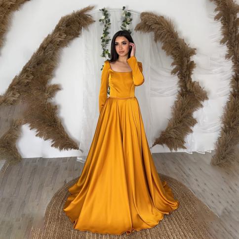 Gold Satin A Line Saudi Arabic Evening Dresses Long Sleeve Sequare Neck  Dubai Prom Party Gowns Plus Size Long Women Form US Size 24W Color custom  made