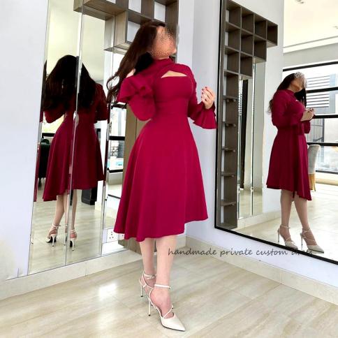 Red A Line Long Sleeve Midi Evening Party Dresses High Neck Spandex Satin Tea Length Banquet Gowns Saudi Arabic Formal G US Size 2 Color Picture Color