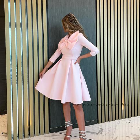 Pink Mini Prom Party Dresses Bow Three Quarter Sleeve Pleats Satin