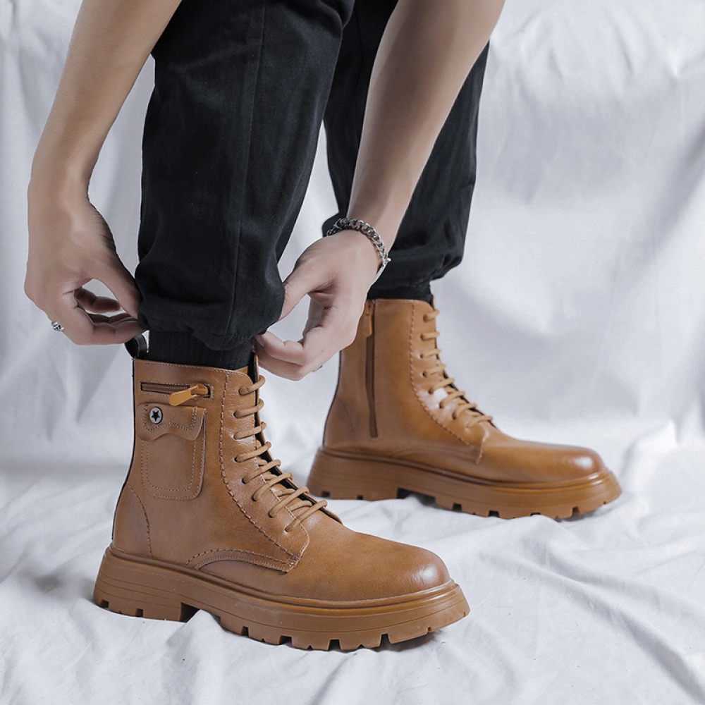 Summer New Round Head Brown High top Mid tube Thick soled Fashion