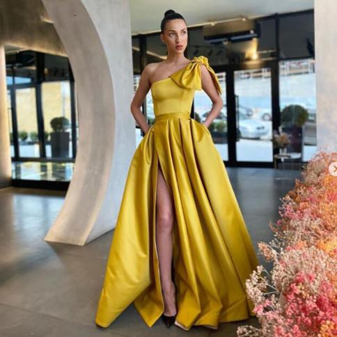 Gold Pleat Satin Evening Dresses Long High Side Split Aline Prom