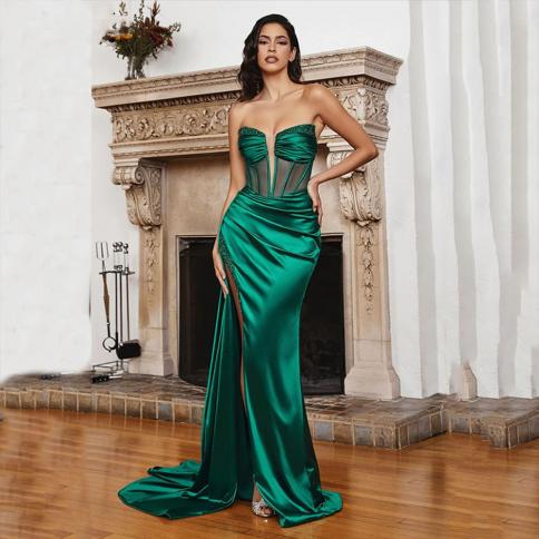 Green Strapless Satin Evening Dresses For Women Deep V Neck Illusion  Mermaid High Side Split Backless Prom Gowns Color Navy blue US Size 6