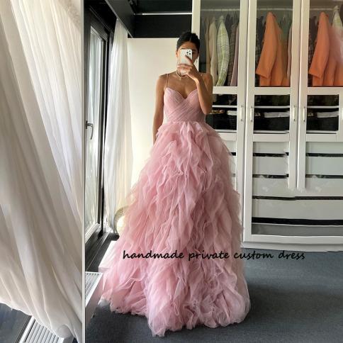 Baby Pink Ruched Tulle A Line Prom Party Dresses Spaghetti Straps Long Evening Dress Customized Homecoming Graduation Go US Size 6 Color Picture Color