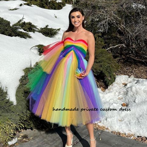 Rainbow Tulle Sweetheart Fairy Prom Party Dresses A Line Draped