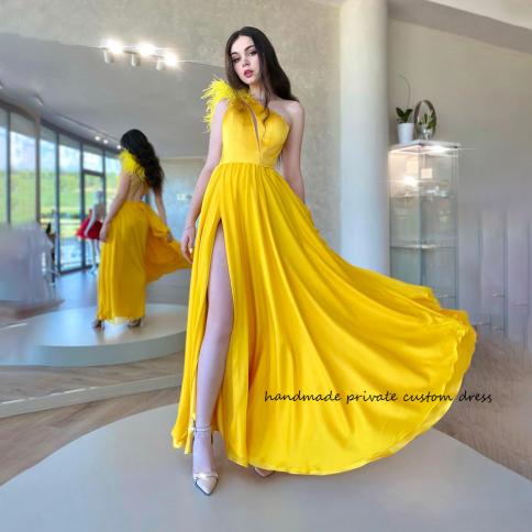 Yellow Feather One Shoulder Prom Party Dresses Split Backelss
