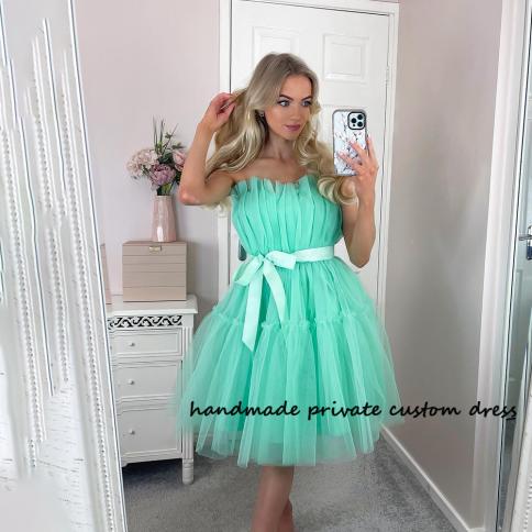 why are graduation dresses white Mint Green A-line Long Formal Dress with Bubble Sleeves main image 0