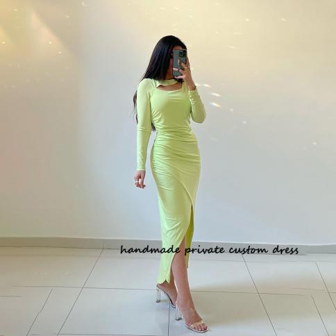 Green Mermaid Prom Party Dresses Long Sleeve Cut Out Front Split