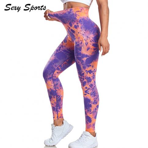 Seamless Tie Dye Gym Pants High Waist Tummy Control Push Up Yoga Spandex  Tights Elastic Sports Leggings For Women Yoga size M Color Pink2