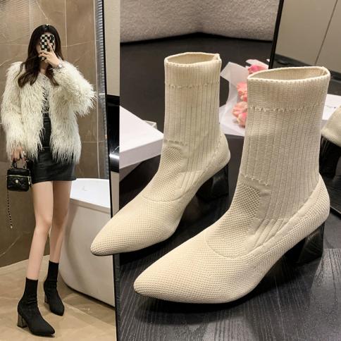 2023 Gray Fabrics Sock Boots Women Shoes Elastic Boots Stretch Knit Bling 8cm Metal Square Heel Ladies Shoes Plus Size 4