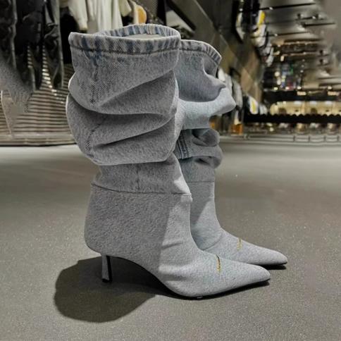2023 New Autumn Winter Pointed Toe Cowboy Knee High Chelsea Boots Gladiator Motorcycle Stilettos Shoes Mujer Zapatillas