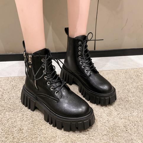 2023 Black Chunky Platform Ankle Boots For Women Punk Zippers Pu