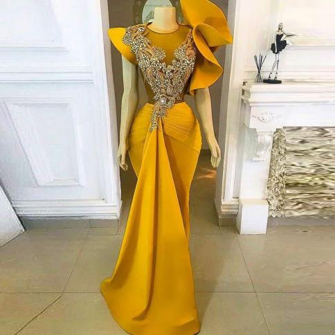 chinese dress ladies Yellow satin mermaid long prom dress, yellow evening dress – dresstby