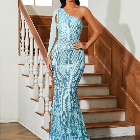 Missord Autumn Party Dresses Women One Shoulder Ruffles Evening Solid Color  Elegant Maxi Vestido Slash Neck Bodycon Lon-Dresses
