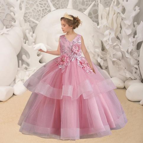 Elegant Kids Flower Princess Dress For Girls Christmas Party Prom Gown  Tulle Formal Wedding Bridesmaid Dresses Children pink pink 6T 130 6T 130