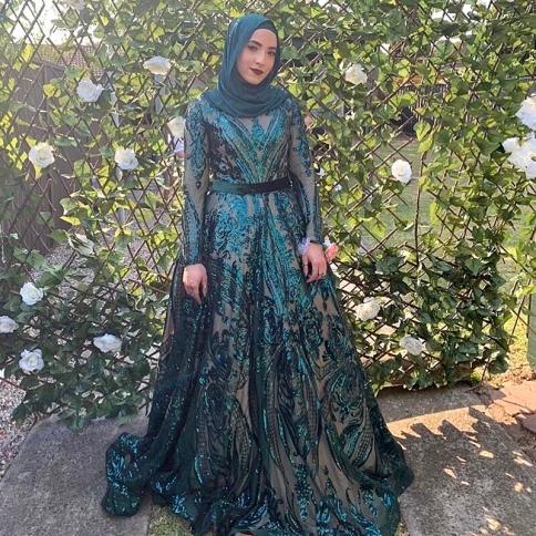 sachin and babi light blue dress Modest Muslim Women's Embellished Elegant Draped Sleeve Evening Dress main image 1