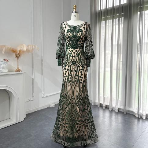 Sharon Said Emerald Green Mermaid Evening Dresses Luxury Crystal Long  Sleeves Muslim Plus Size Women Wedding Party Gowns Auburn Auburn 2 2