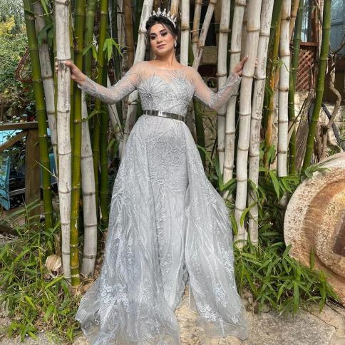Sharon Said Gray Long Sleeve Overskirt Evening Dress For Women Wedding  Party Pink Plus Size Arabic Dubai Long Formal Gow pink pink 18 18