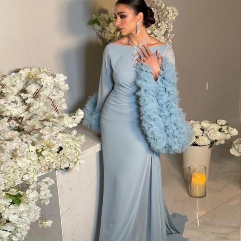 Sheer Fairy Elegent Blue Dubai Evening Dresses For Woman Wedding Birthday  Party Arabic Long Formal Dresses Prom Gowns Sf Blue Blue 4 4