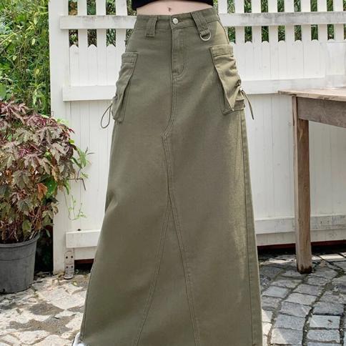 Surmiitro Women Cargo Denim Skirt Maxi 2023 New Casual Solid A