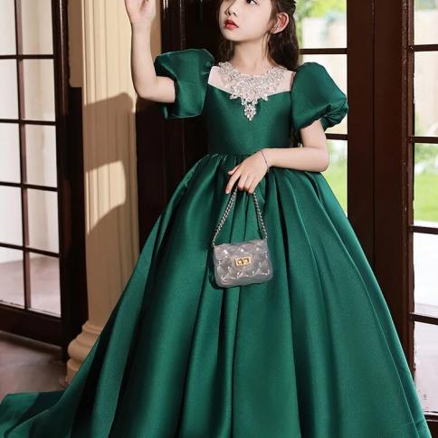 2023 Dark Green Party Dress For Teenager Girls Kids Luxury Princess Beading  Banquet Dresses With Train Children Gala Bal