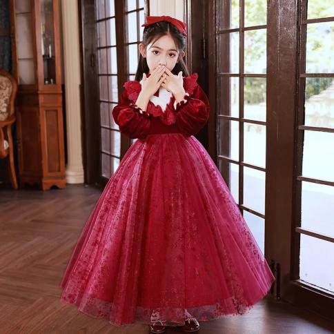 2023 Teenmiro Formal Party Dress For Girls Kids Autumn Winter Velvet Sequins Red Ball Gowns Children Piano Performance