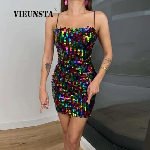 2024 Fashion Women Shiny Bodycon Dress Sequins Spaghetti Strap